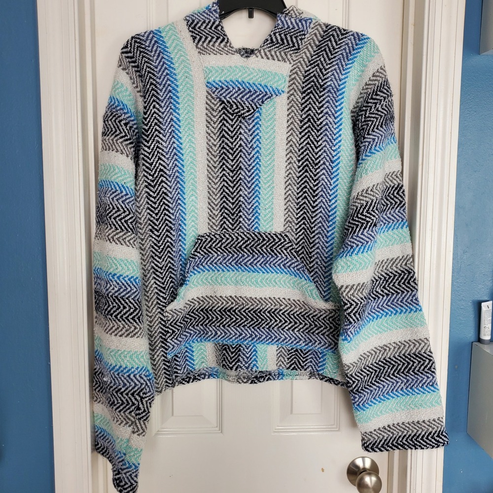 Baja‎ Joe Hoodie Pullover XL Blue White Striped Mexican Drug Rug Good
